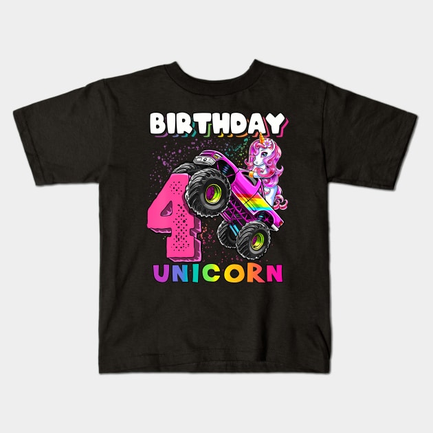 4Th Birthday Unicorn Monster Truck Birthday Party Girls Kids T-Shirt by Zoe Hill Autism